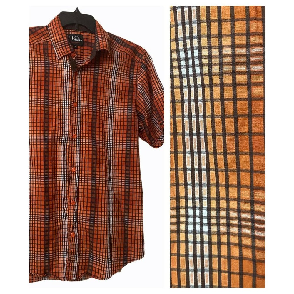Veno Men's Black/Red Plaid Button Down Short Sleeve Shirt Size‎ L